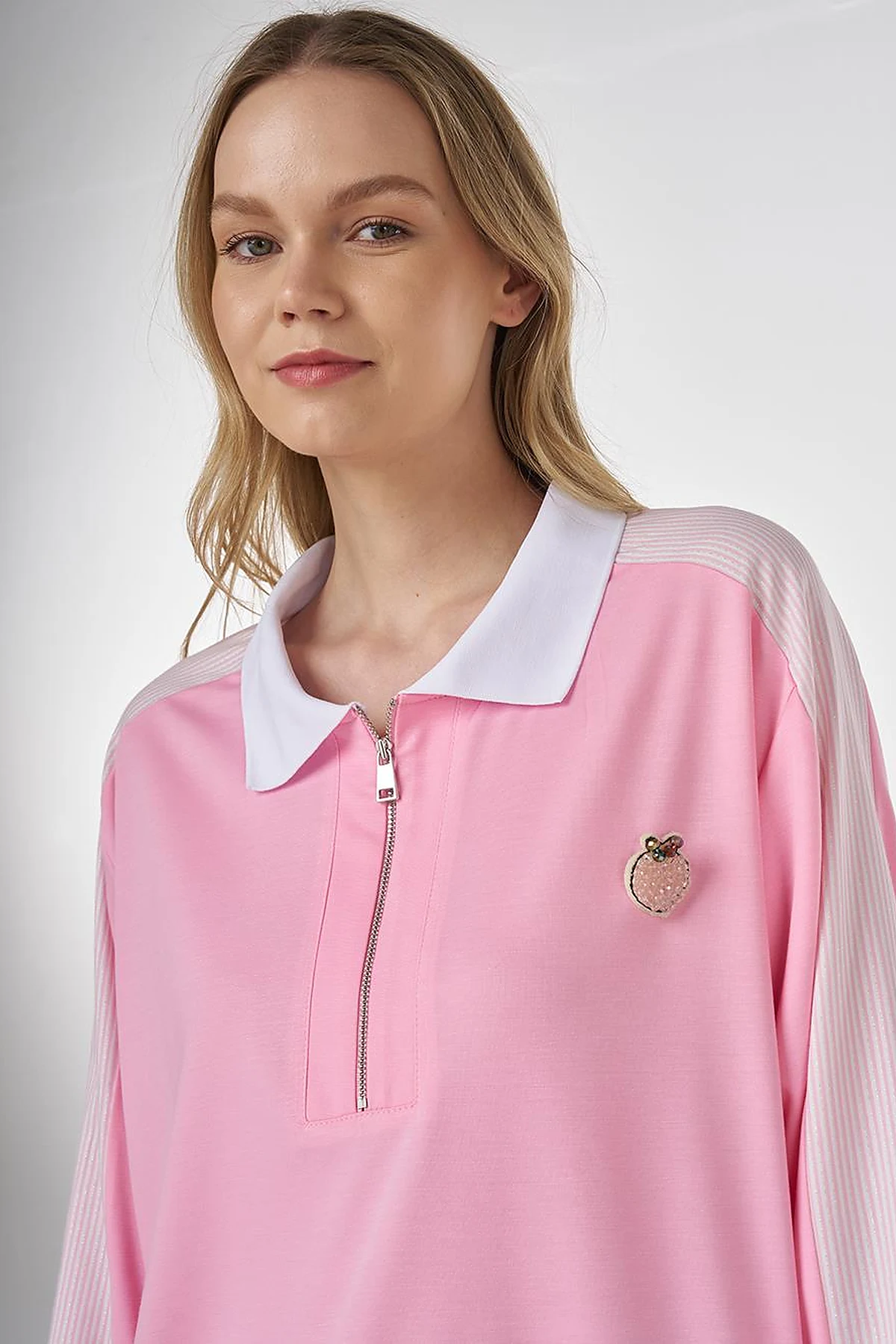 Brooch-Embellished Fabric-Trim Sweatshirt Candy Pink