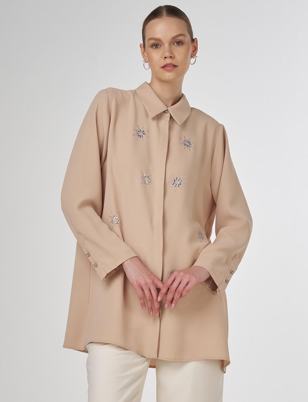 Stone-Embellished Crepe Tunic Beige