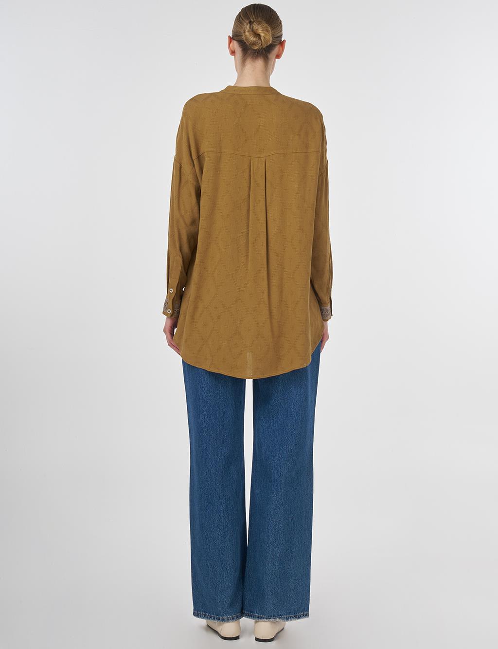 Diamond Pattern Mandarin Collar Blouse Dark Olive