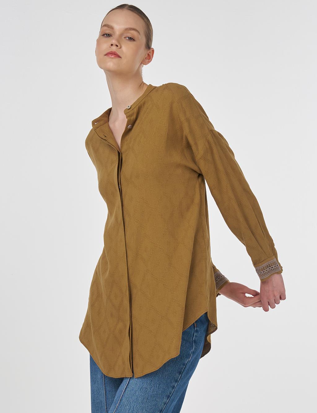 Diamond Pattern Mandarin Collar Blouse Dark Olive