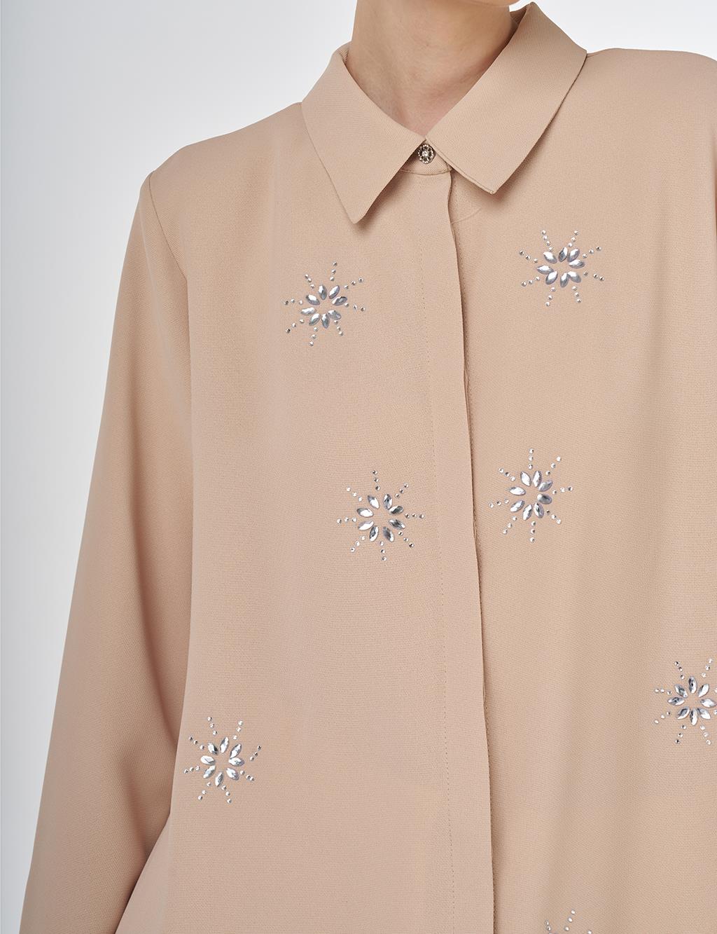 Stone-Embellished Crepe Tunic Beige