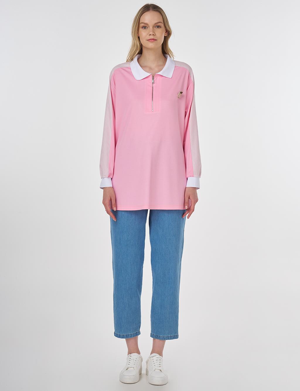 Brooch-Embellished Fabric-Trim Sweatshirt Candy Pink