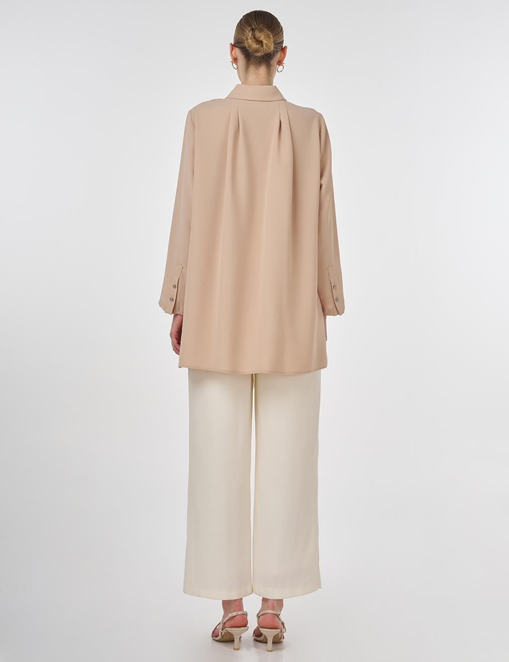 Stone-Embellished Crepe Tunic Beige