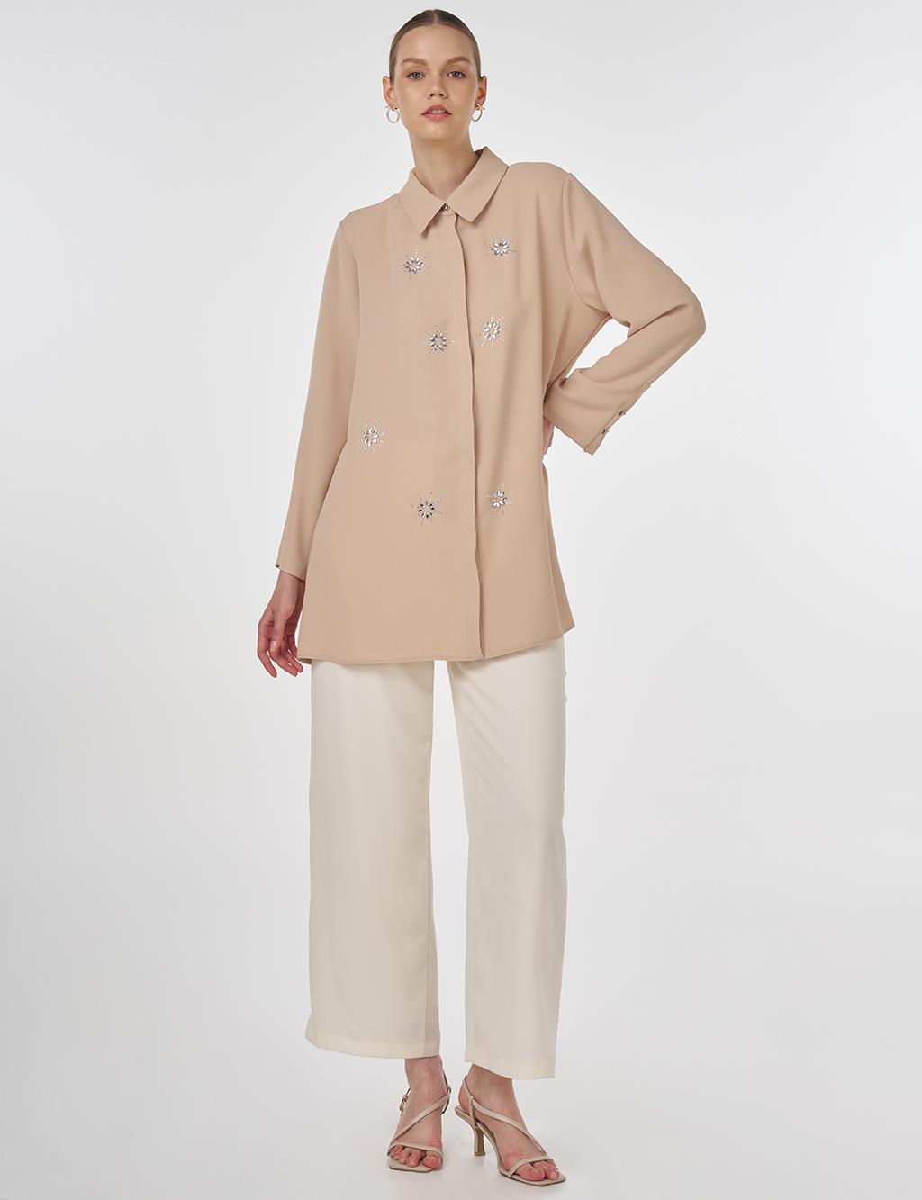 Stone-Embellished Crepe Tunic Beige