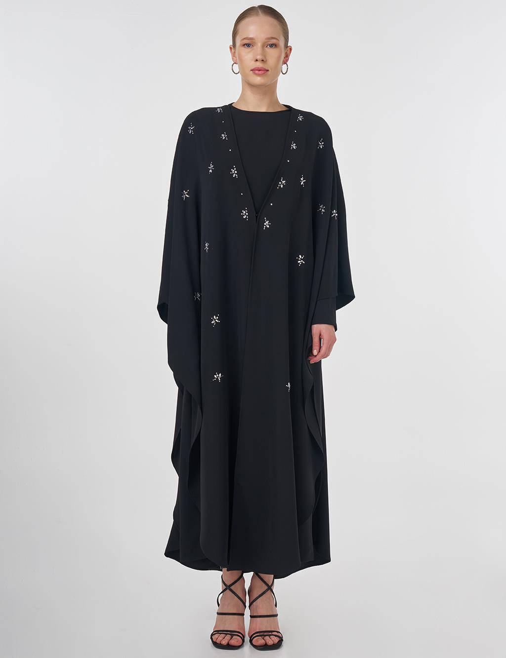 Stone-Embellished Abaya Set Black