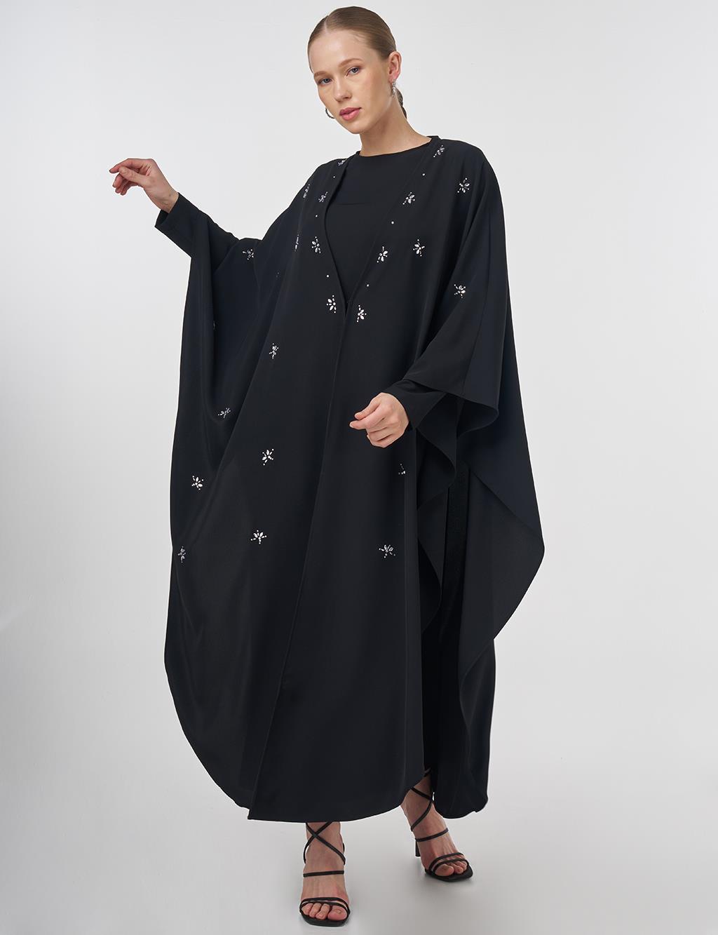 Stone-Embellished Abaya Set Black