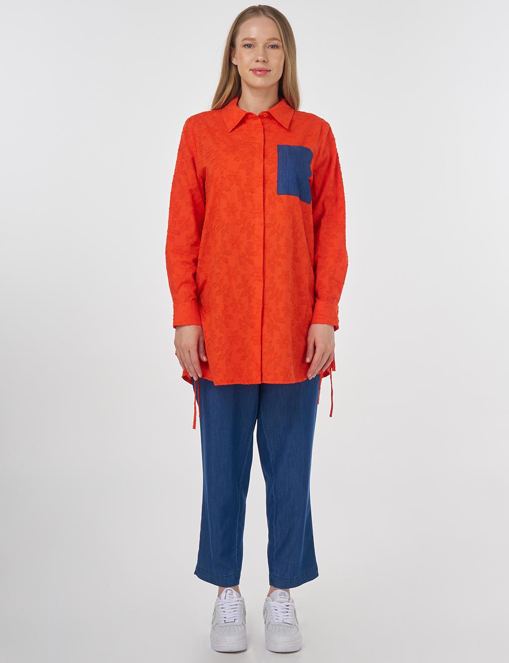 Denim-Panel Cotton Tunic Coral 