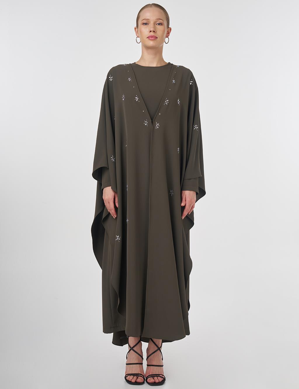Taş İşlemeli Abaya Takım Haki 