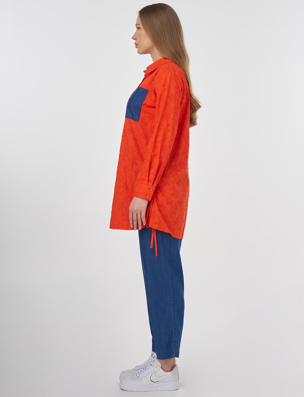 Denim-Panel Cotton Tunic Coral 