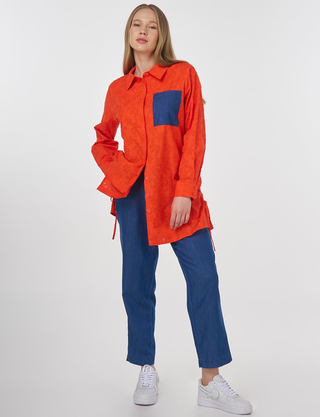 Denim-Panel Cotton Tunic Coral 