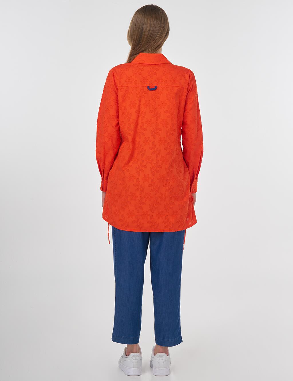 Denim-Panel Cotton Tunic Coral 