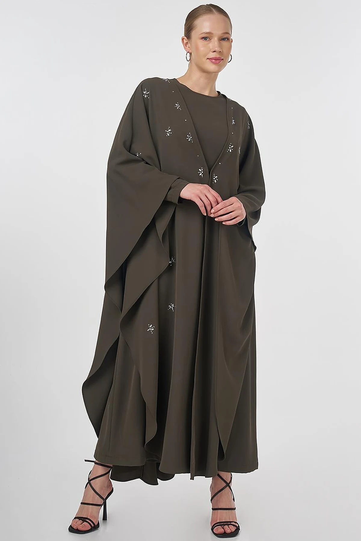 Stone-Embellished Abaya Set Khaki