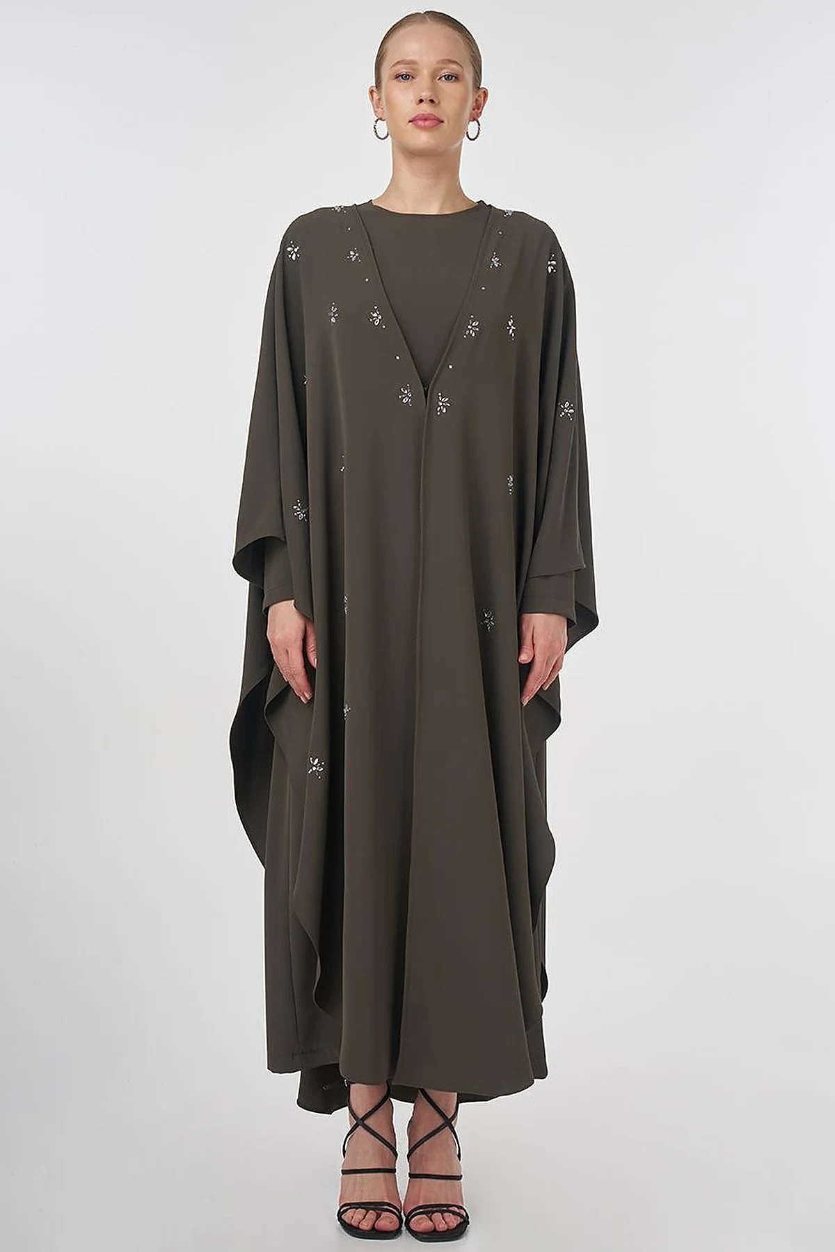 Stone-Embellished Abaya Set Khaki