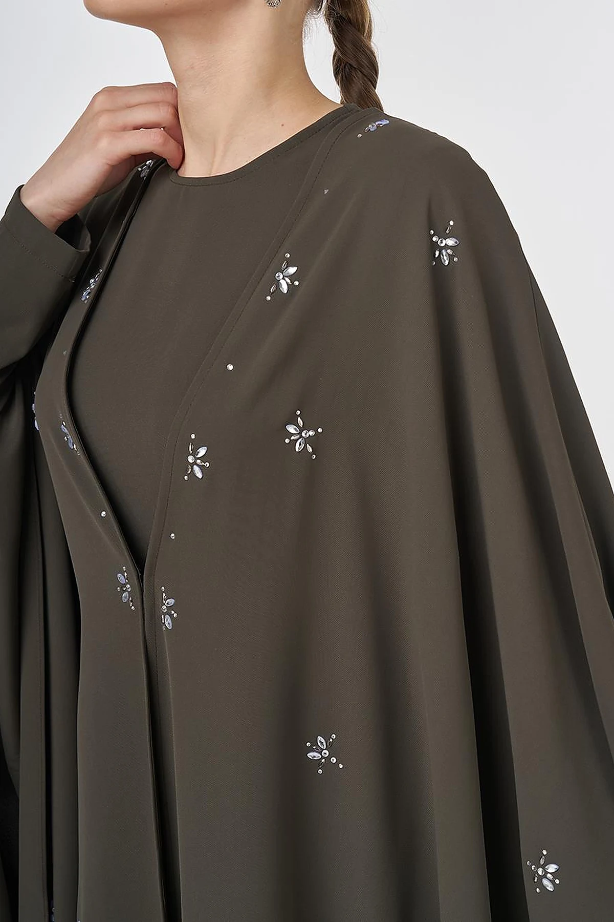 Stone-Embellished Abaya Set Khaki