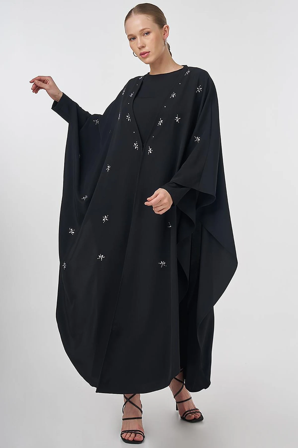 Stone-Embellished Abaya Set Black