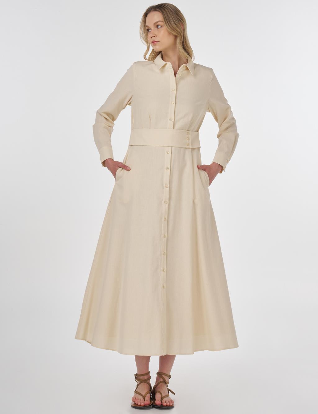 Belt-Detail Rayon Dress Cream 