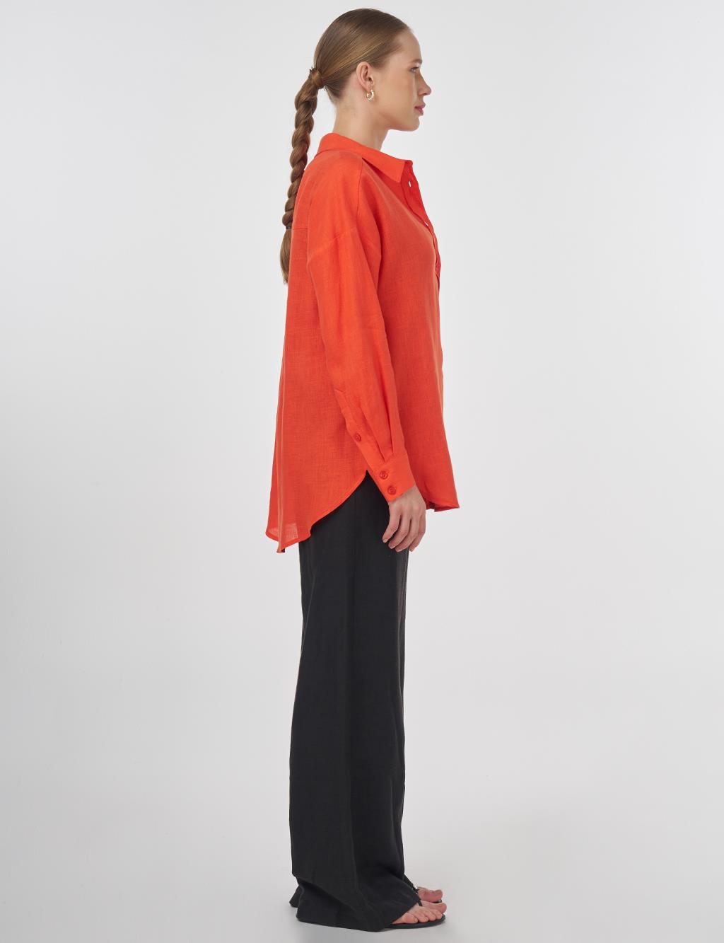 100% Linen Shirt Collar Tunic Coral