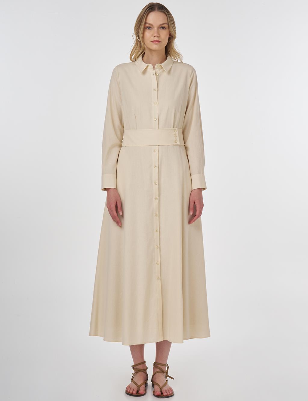 Belt-Detail Rayon Dress Cream 
