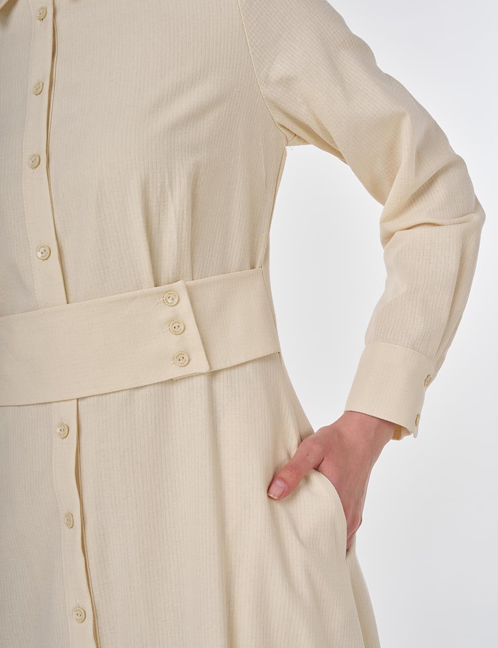 Belt-Detail Rayon Dress Cream 