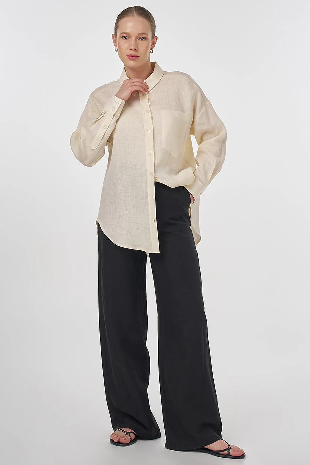 100% Linen Shirt Collar Tunic Cream 