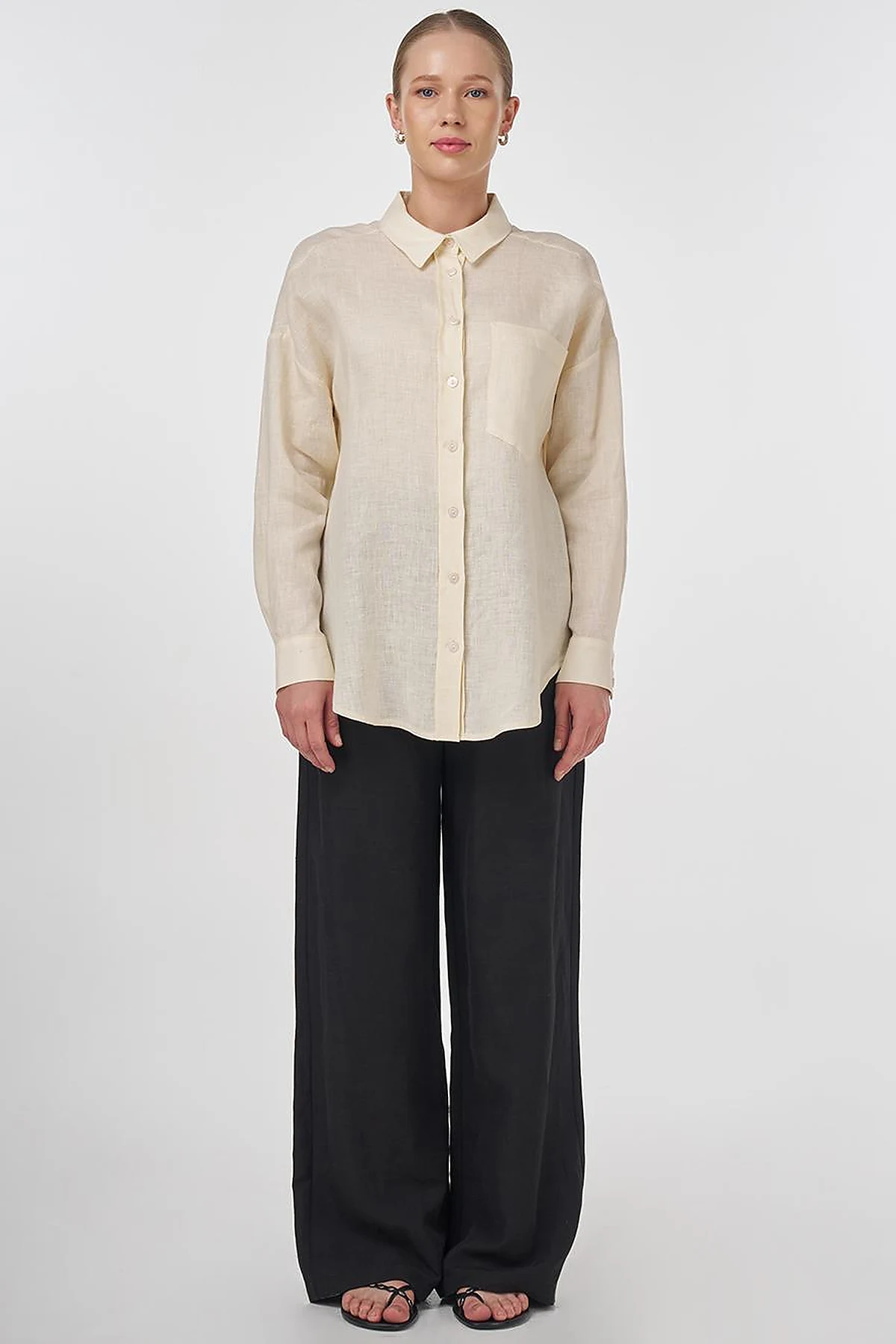 100% Linen Shirt Collar Tunic Cream 