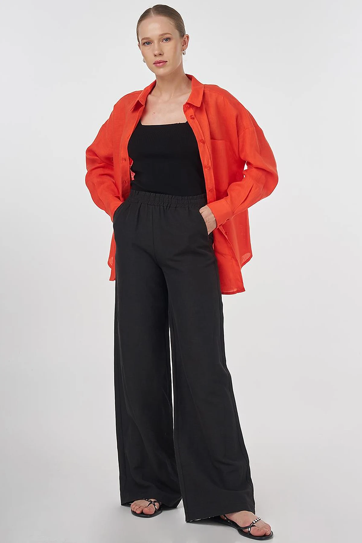 100% Linen Shirt Collar Tunic Coral