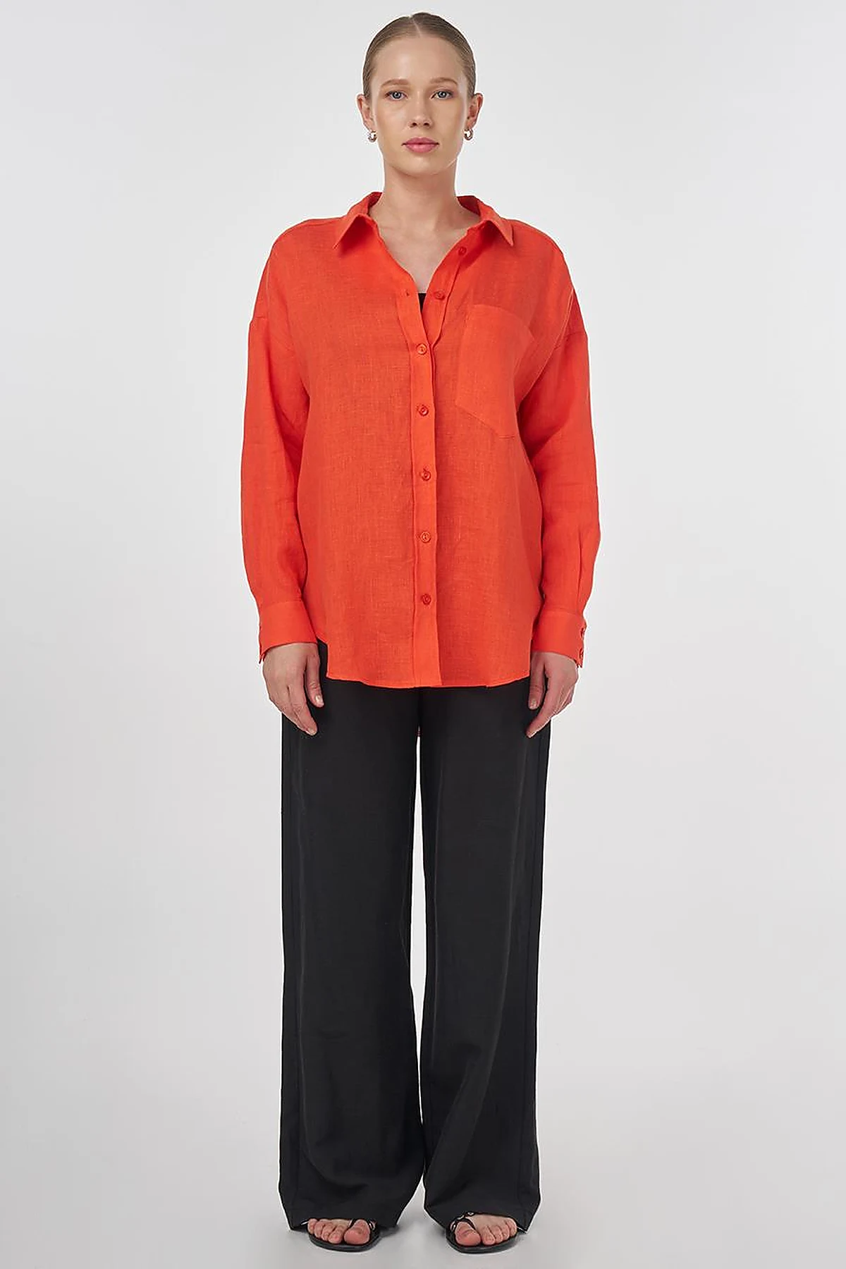 100% Linen Shirt Collar Tunic Coral