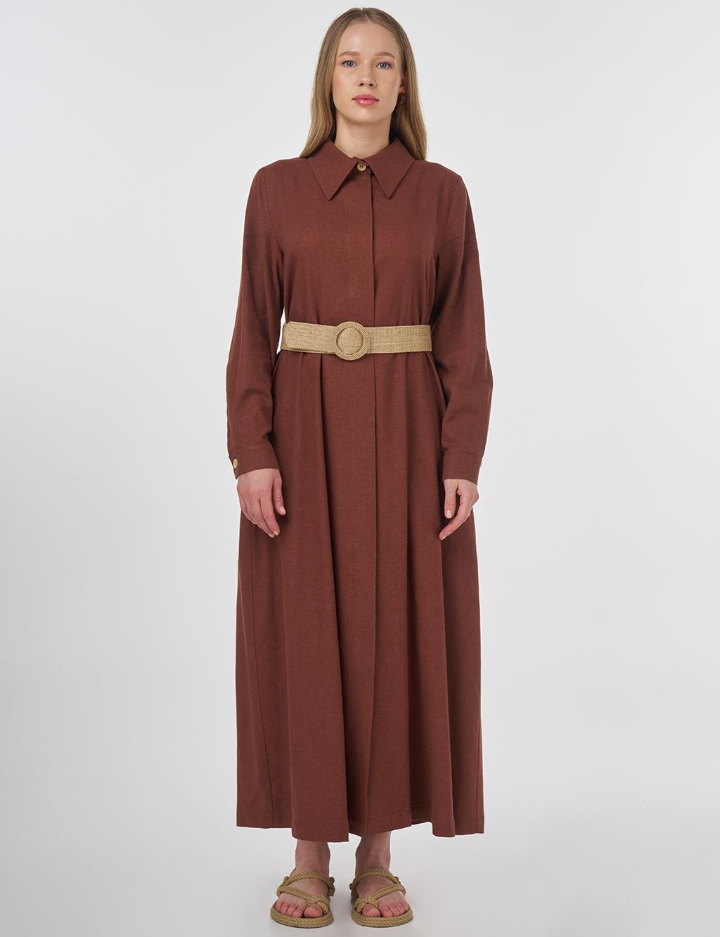 Linen Blend Overcoat with Straw Belt Detail Brown 