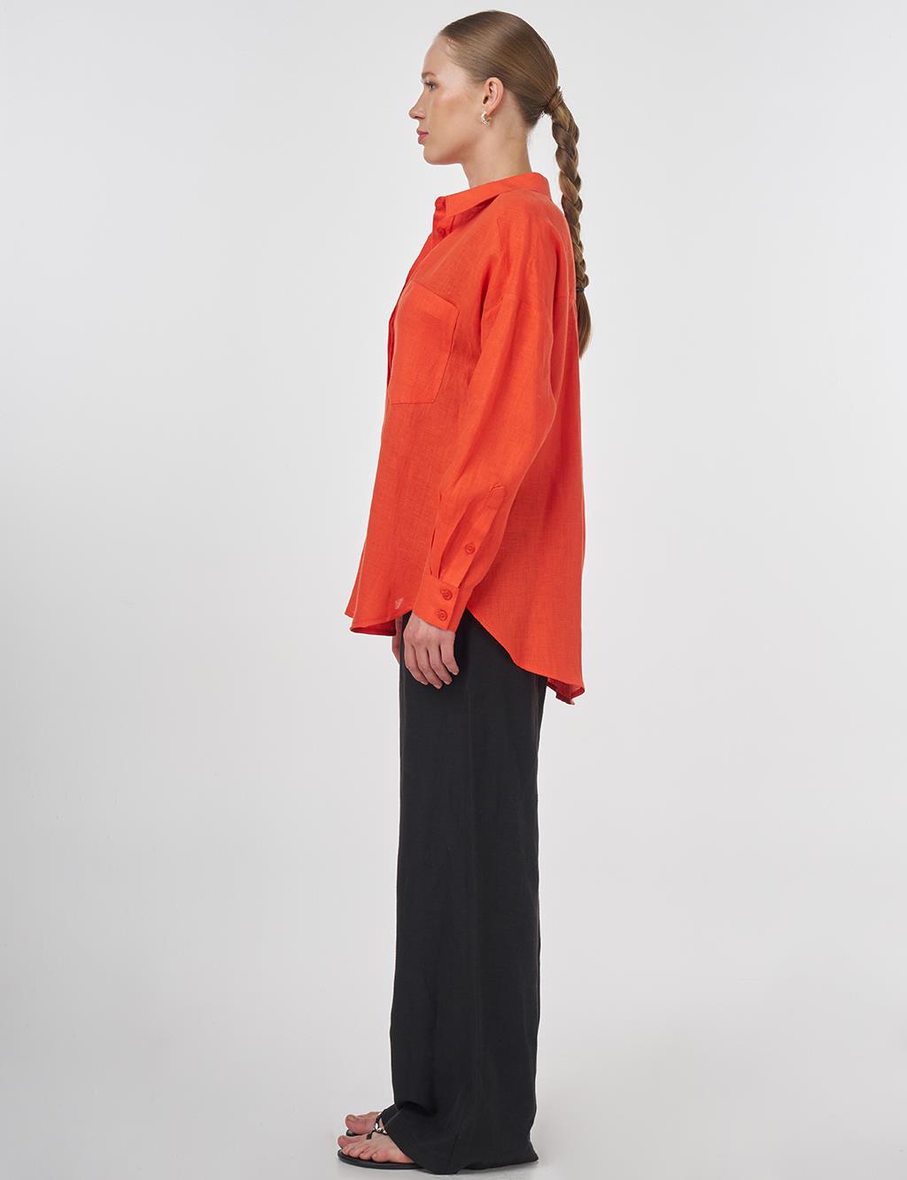 100% Linen Shirt Collar Tunic Coral