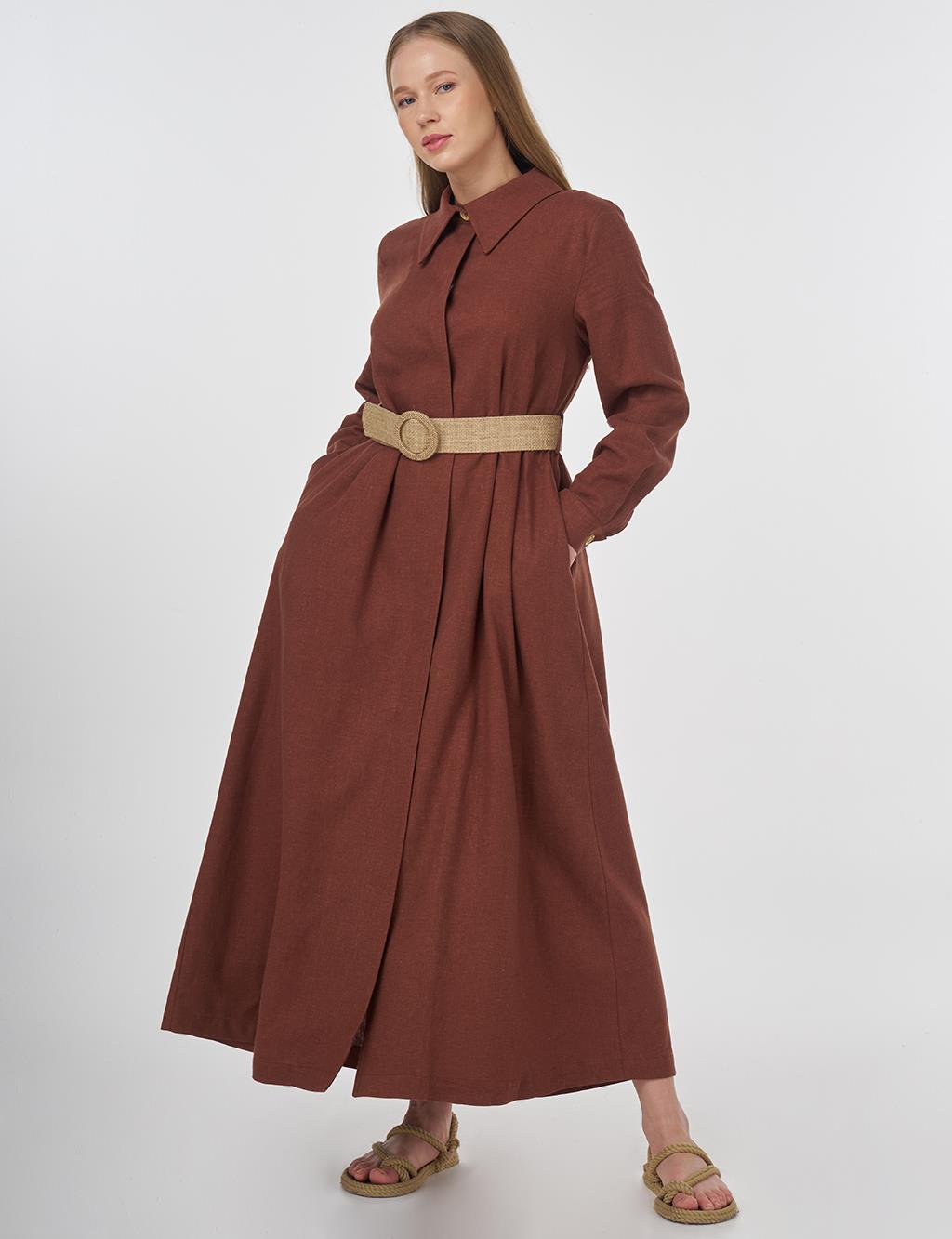 Linen Blend Overcoat with Straw Belt Detail Brown 