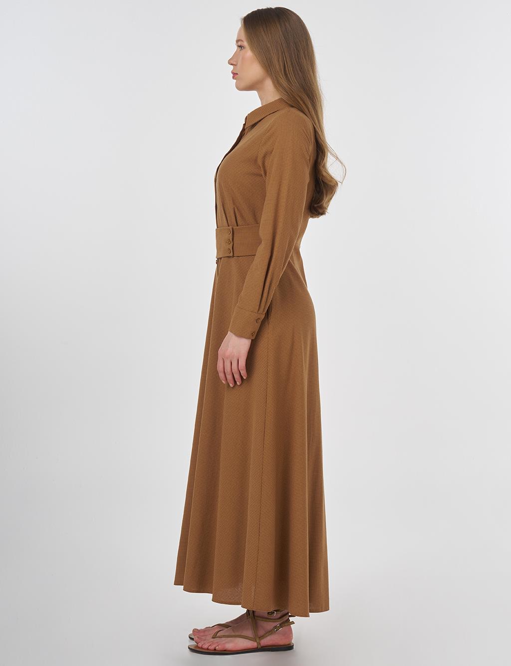 Belt-Detail Rayon Dress Beige