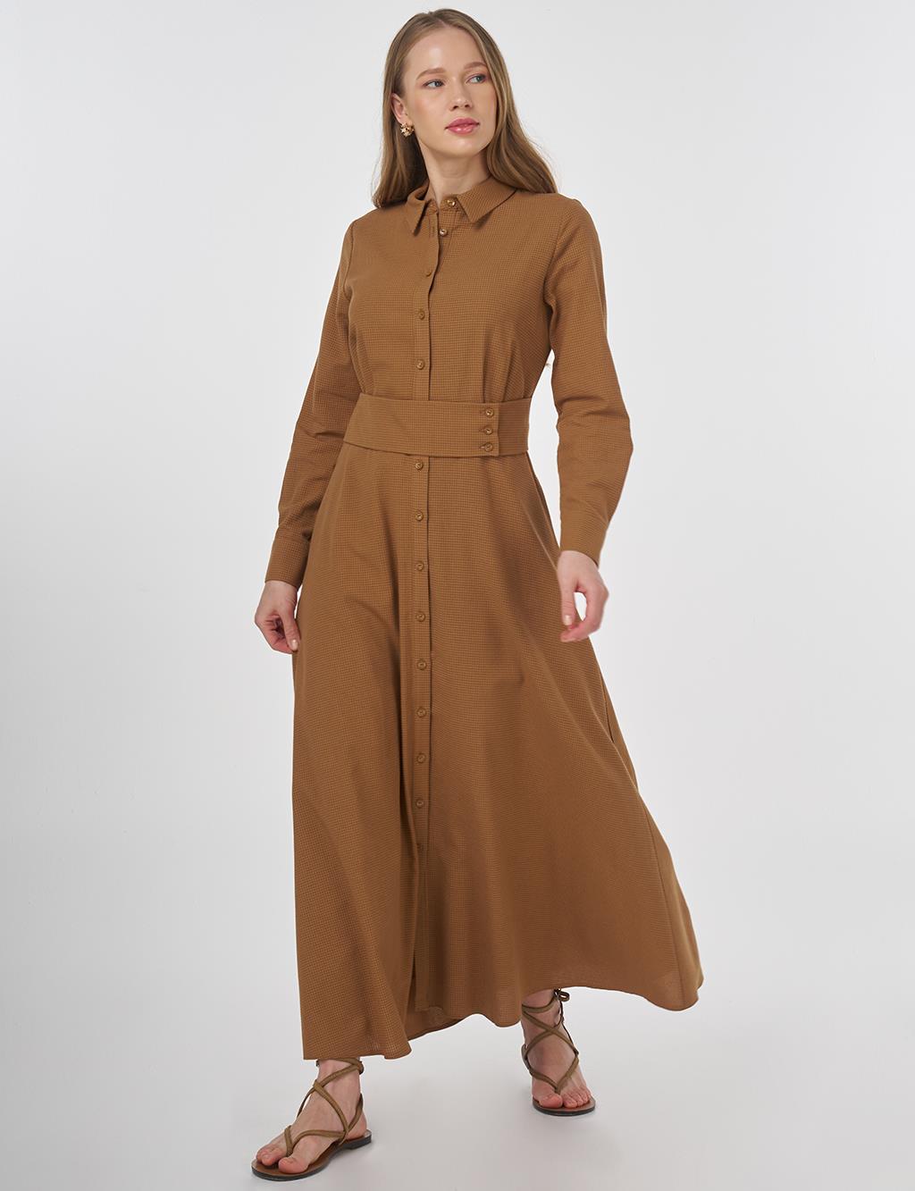 Belt-Detail Rayon Dress Beige