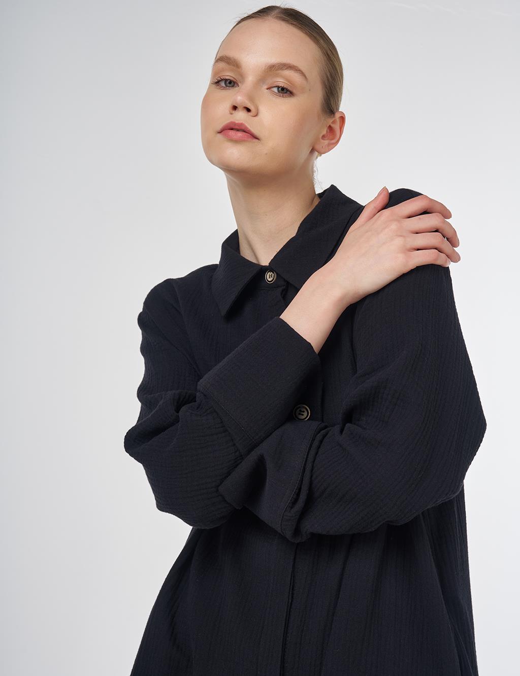 Button-Detail Muslin Tunic Black 