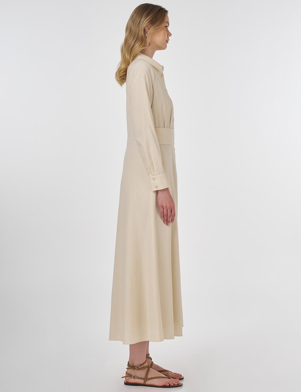 Belt-Detail Rayon Dress Cream 