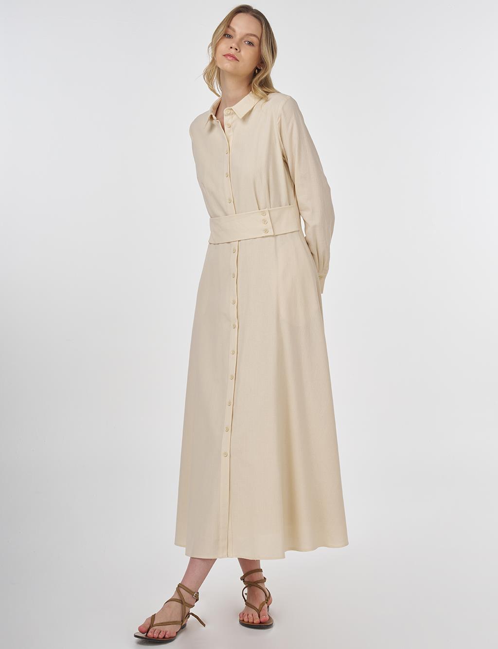 Belt-Detail Rayon Dress Cream 