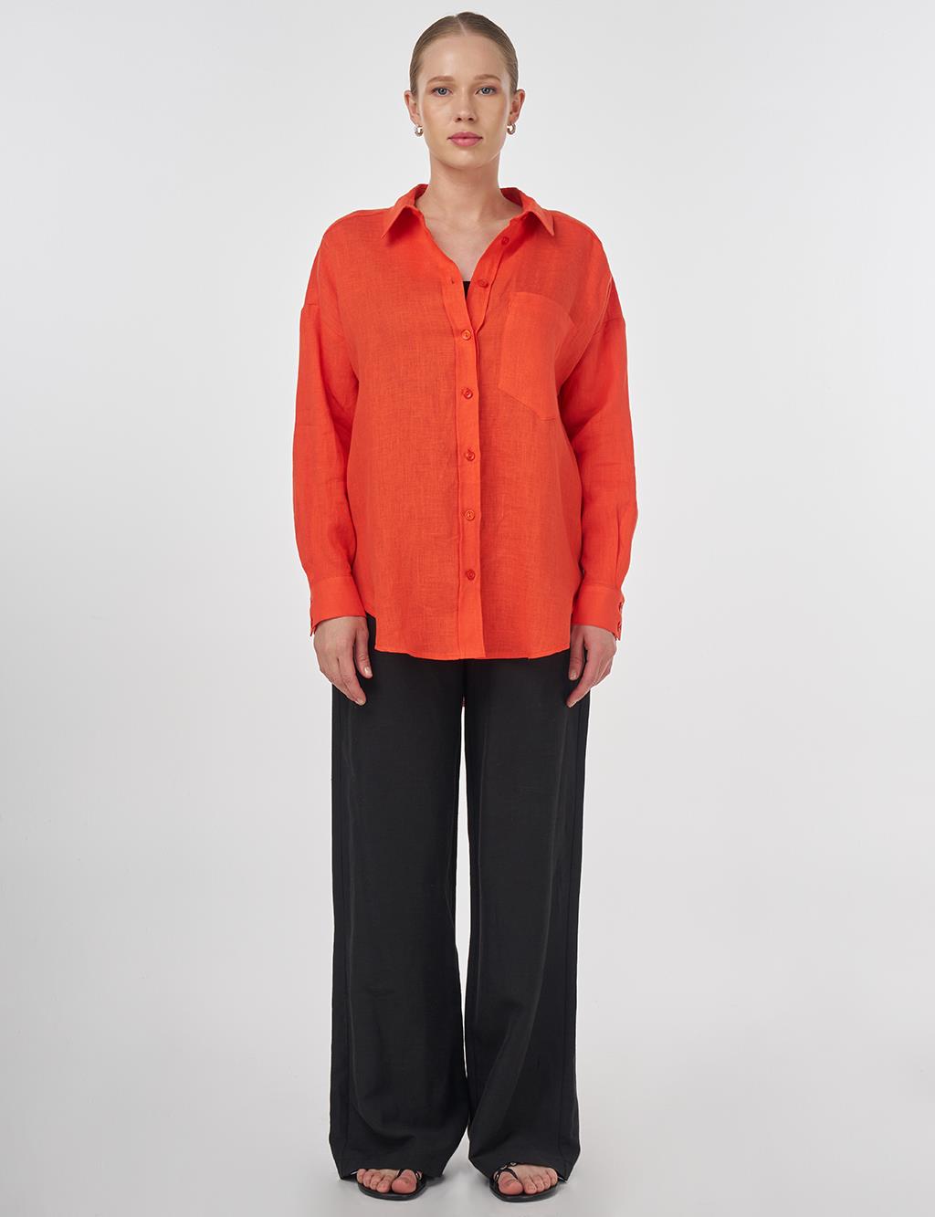 100% Linen Shirt Collar Tunic Coral