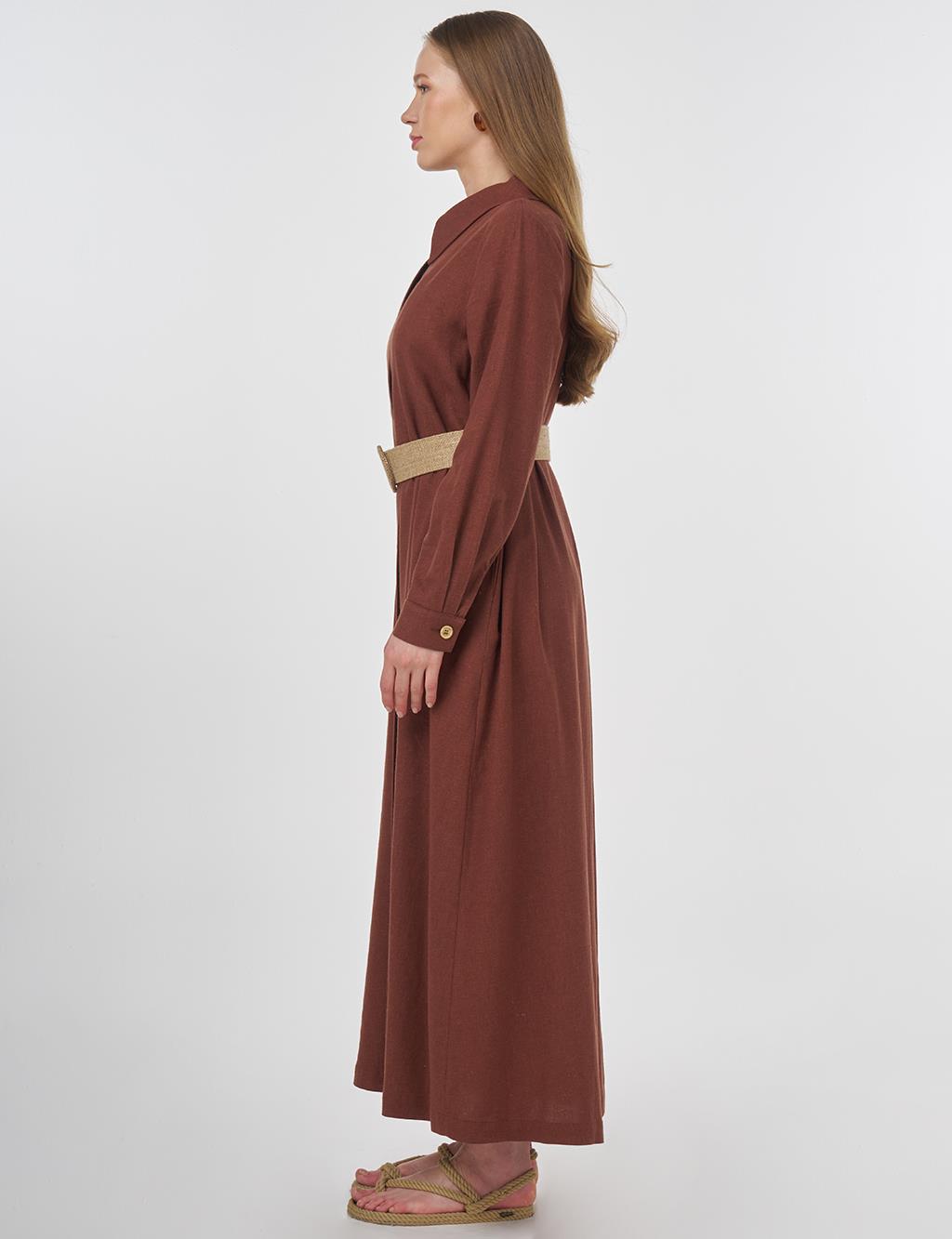 Linen Blend Overcoat with Straw Belt Detail Brown 