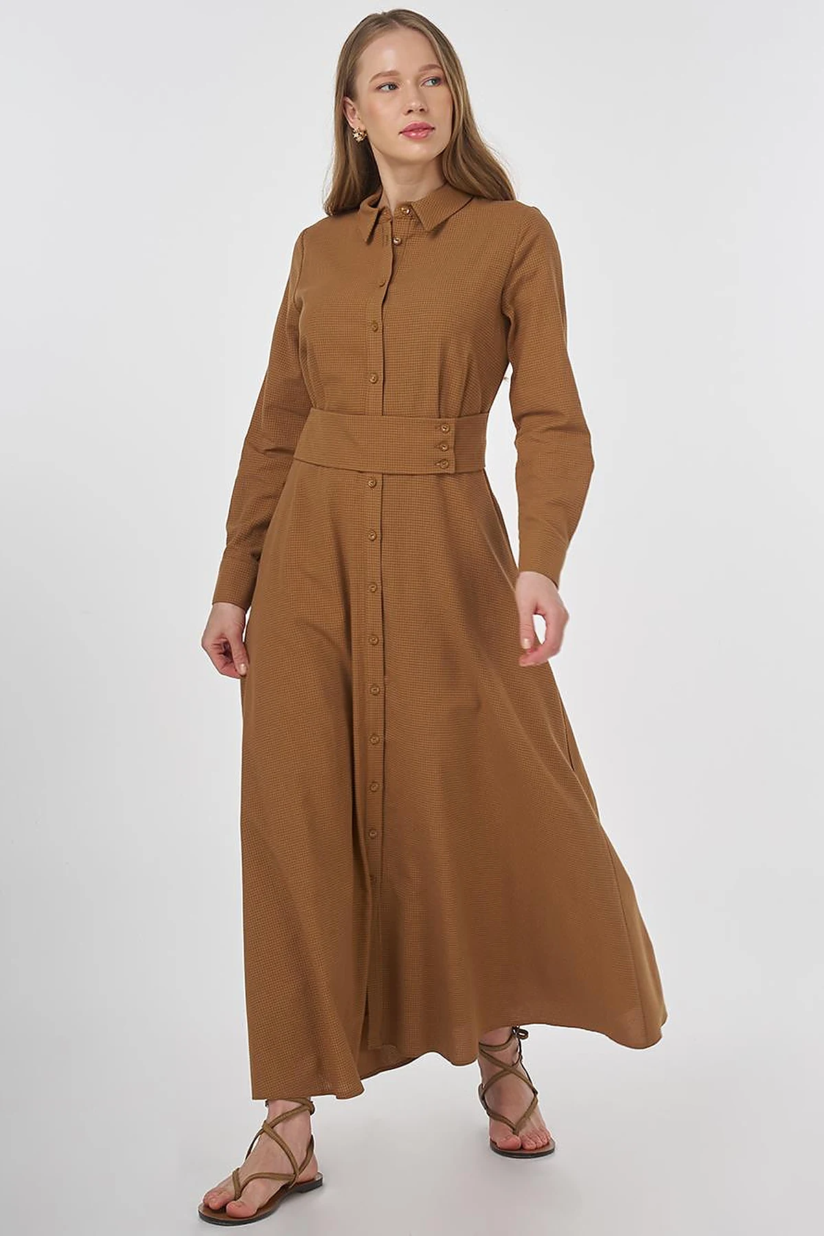 Belt-Detail Rayon Dress Beige