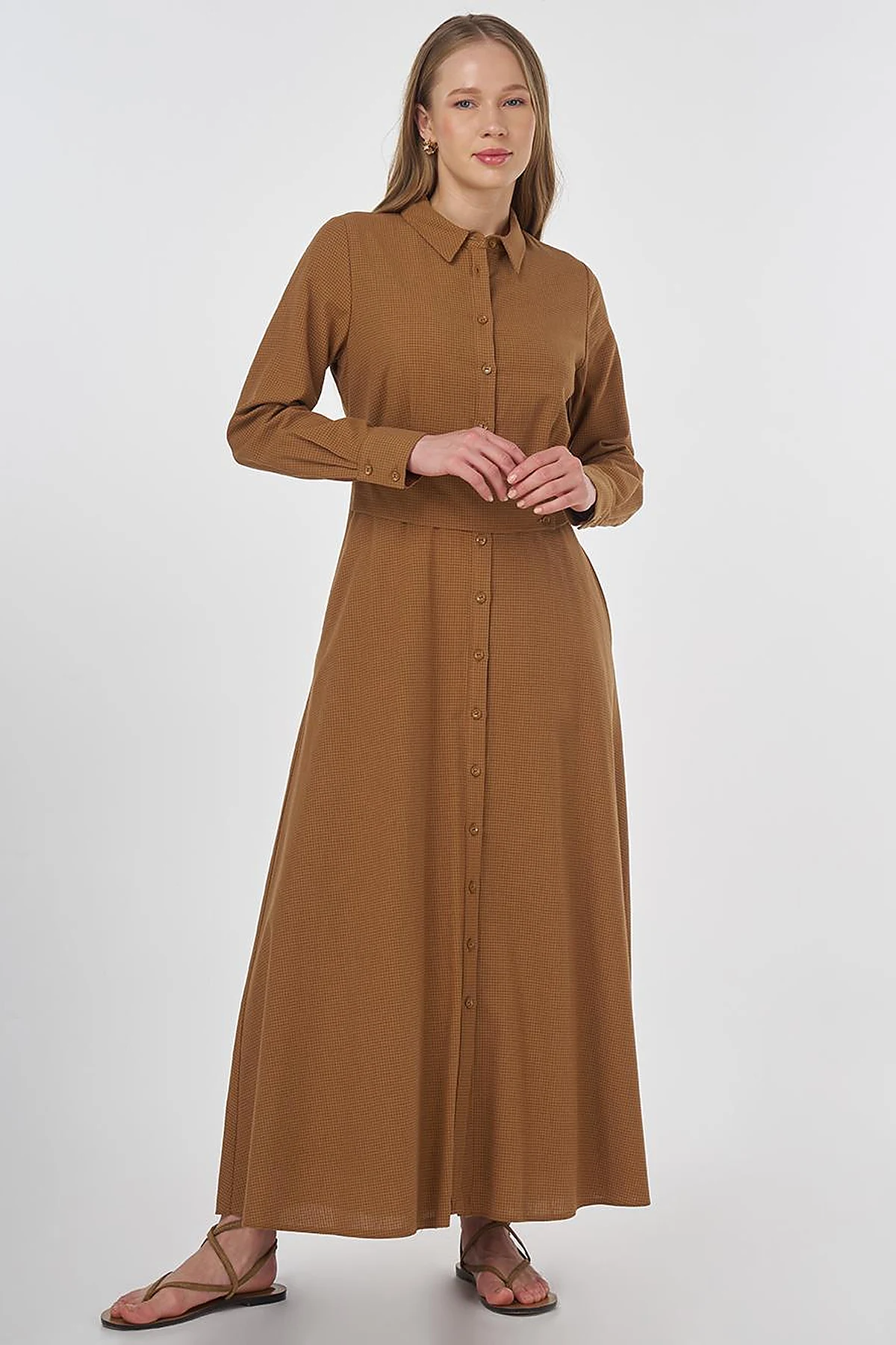 Belt-Detail Rayon Dress Beige