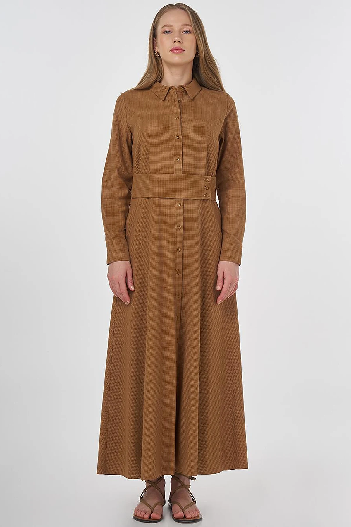 Belt-Detail Rayon Dress Beige