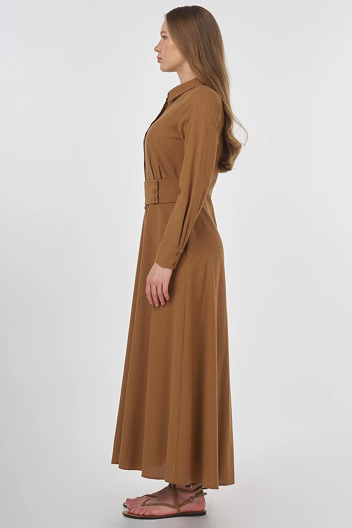 Belt-Detail Rayon Dress Beige