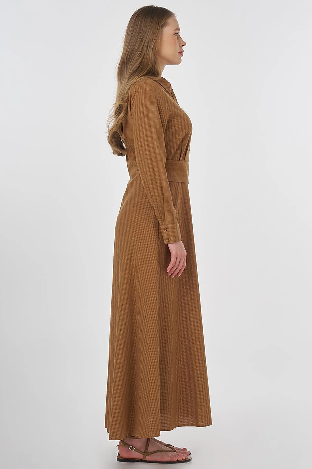 Belt-Detail Rayon Dress Beige