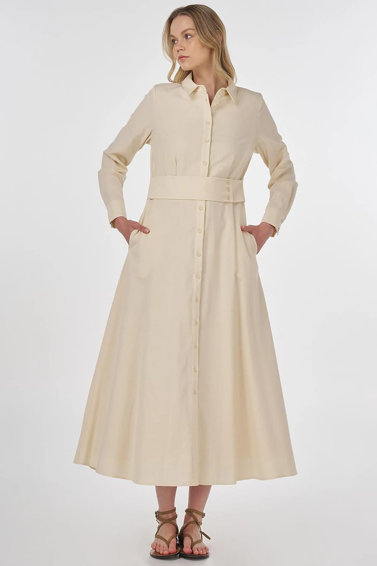 Belt-Detail Rayon Dress Cream 