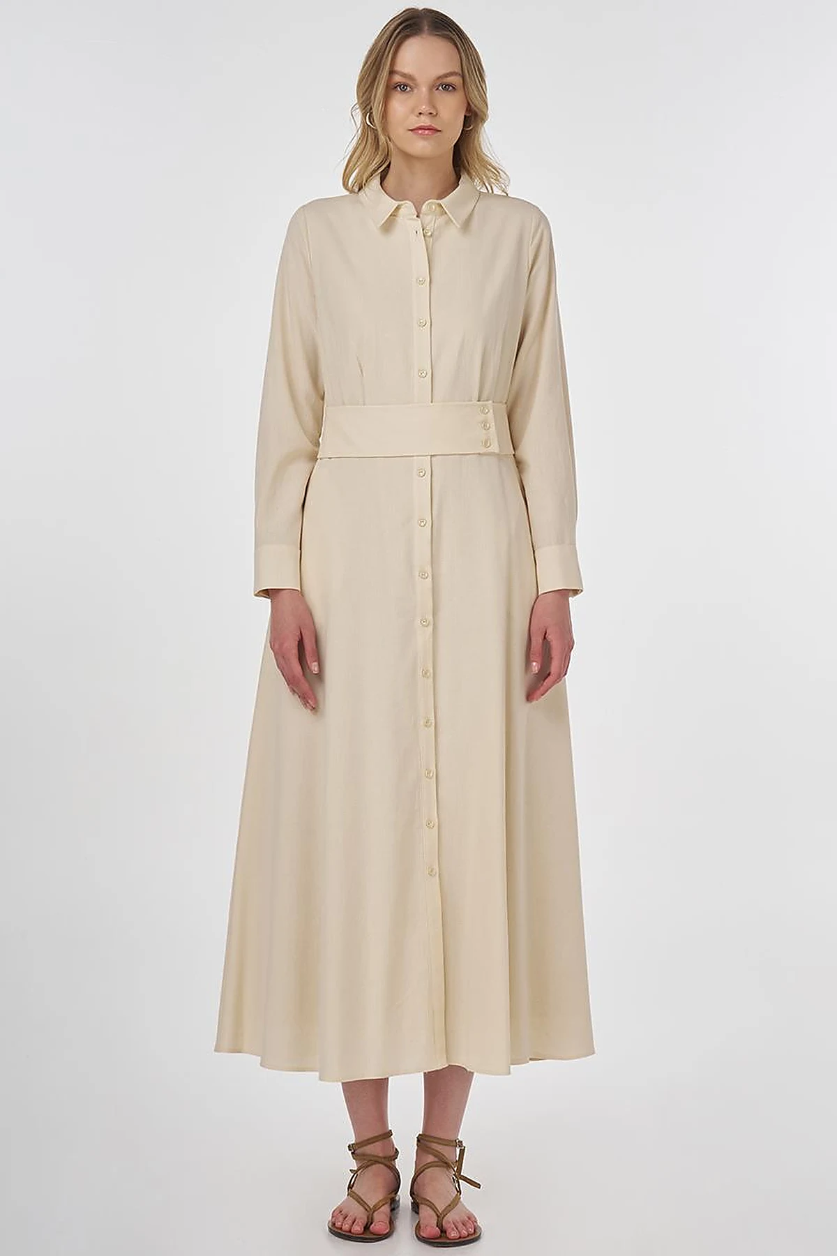 Belt-Detail Rayon Dress Cream 