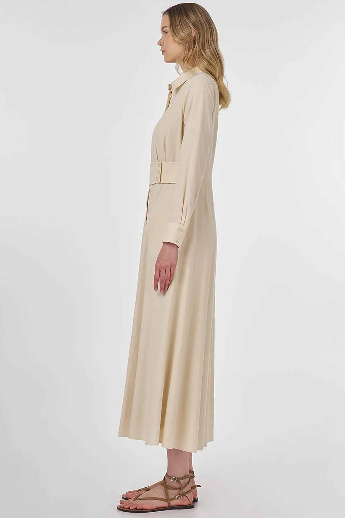 Belt-Detail Rayon Dress Cream 