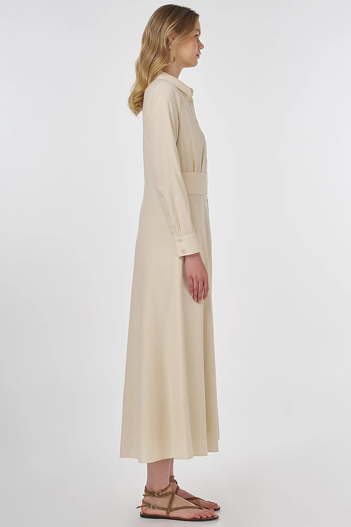 Belt-Detail Rayon Dress Cream 