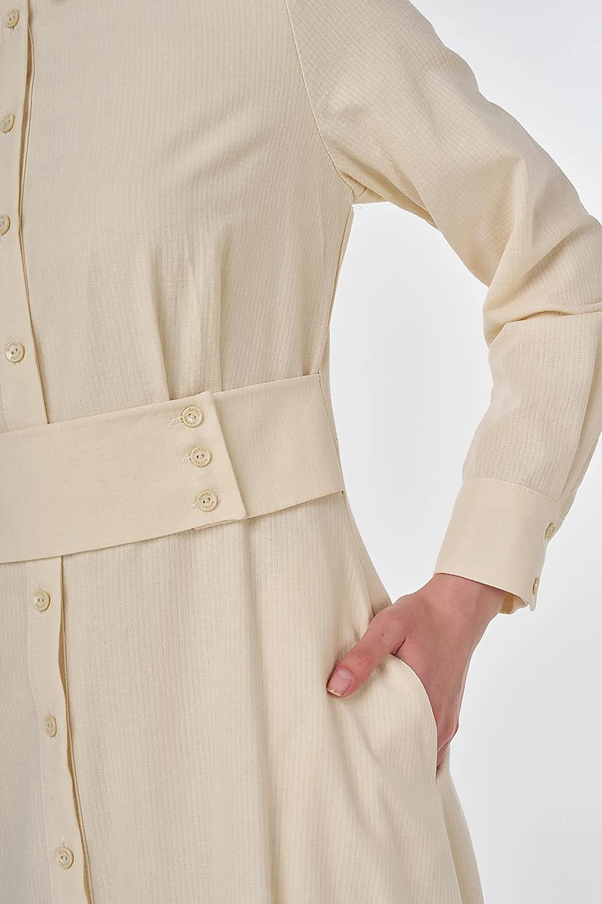 Belt-Detail Rayon Dress Cream 