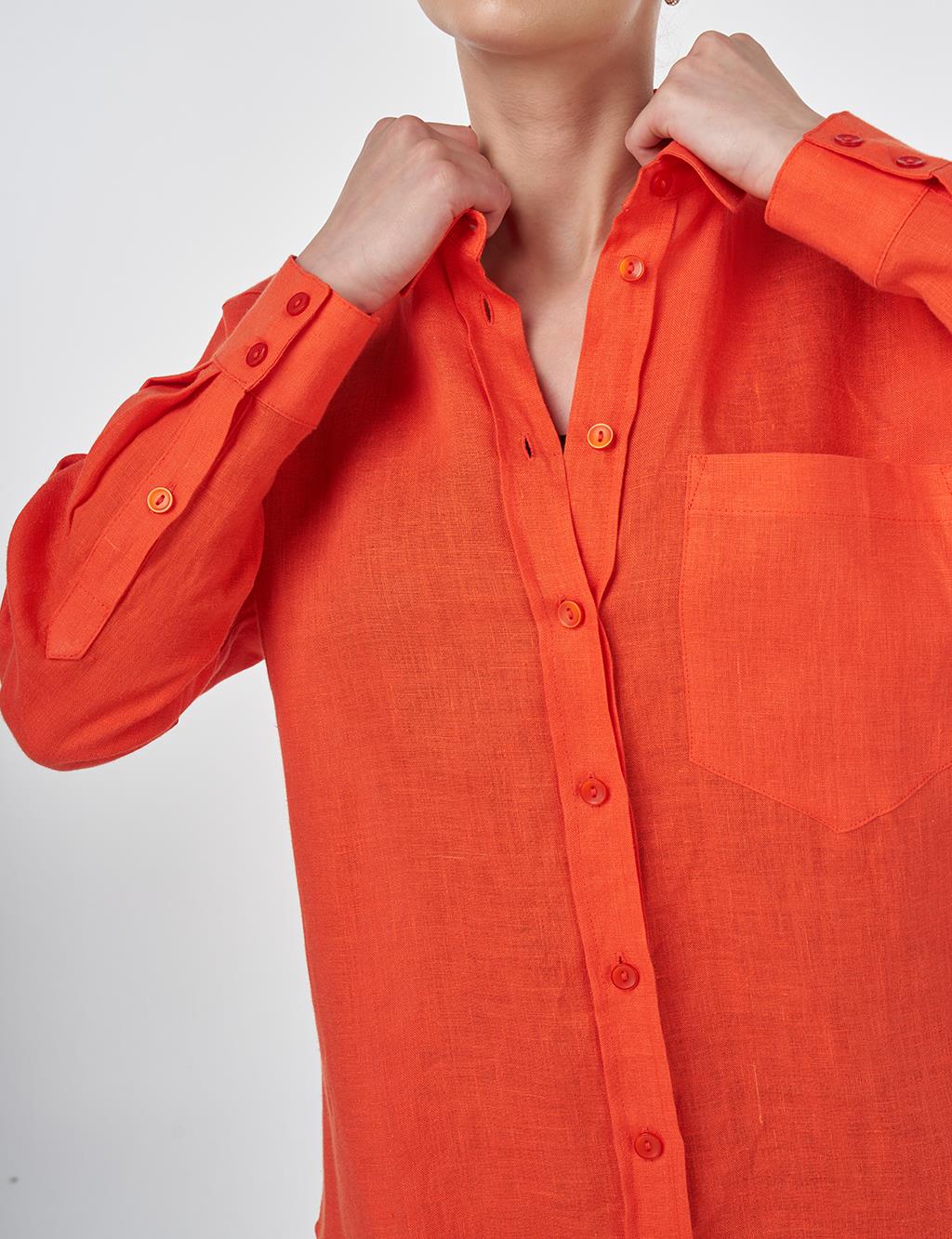 100% Linen Shirt Collar Tunic Coral