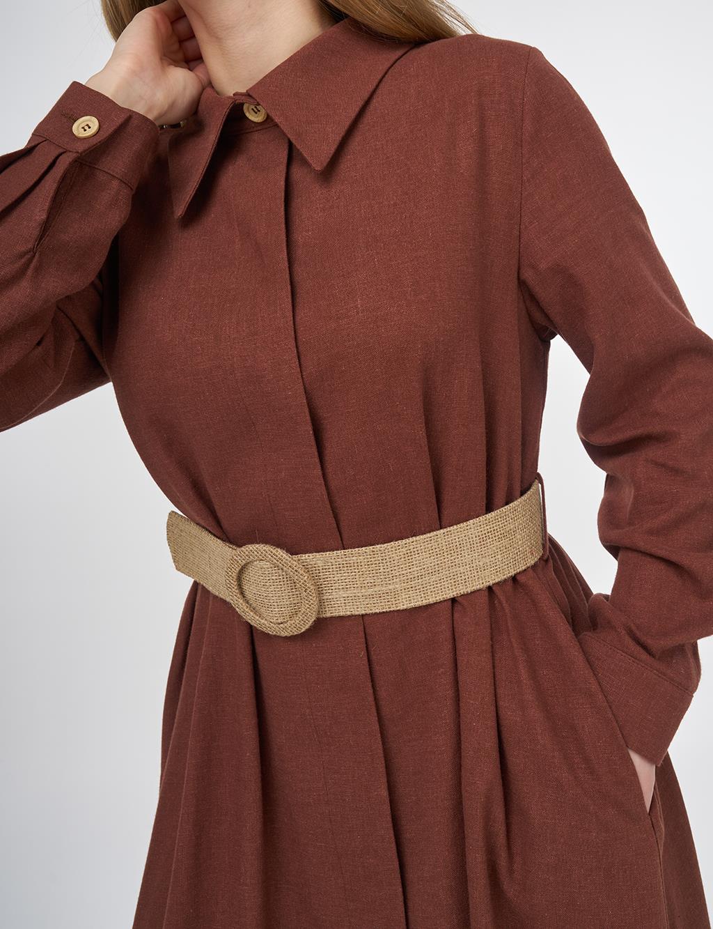 Linen Blend Overcoat with Straw Belt Detail Brown 
