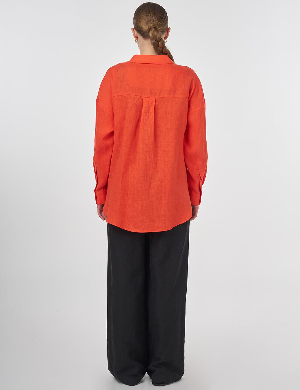 100% Linen Shirt Collar Tunic Coral